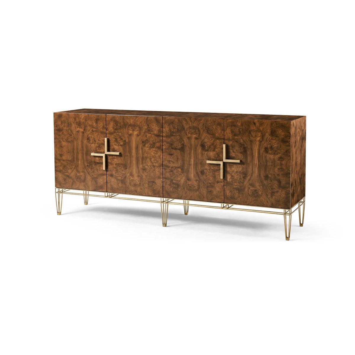 Side view of modern burl sideboard with metal legs.