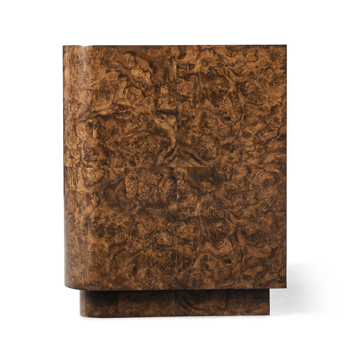 Straight front view of burl wood end table.