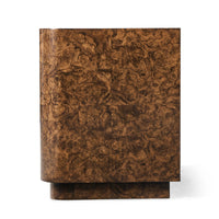 Straight front view of burl wood end table.