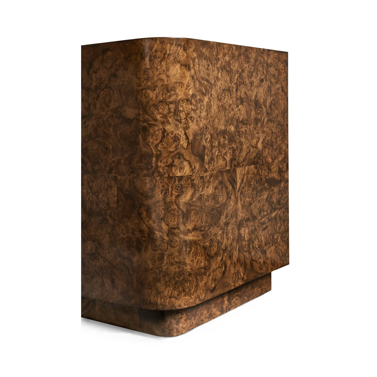 Curved side view of burl wood end table.
