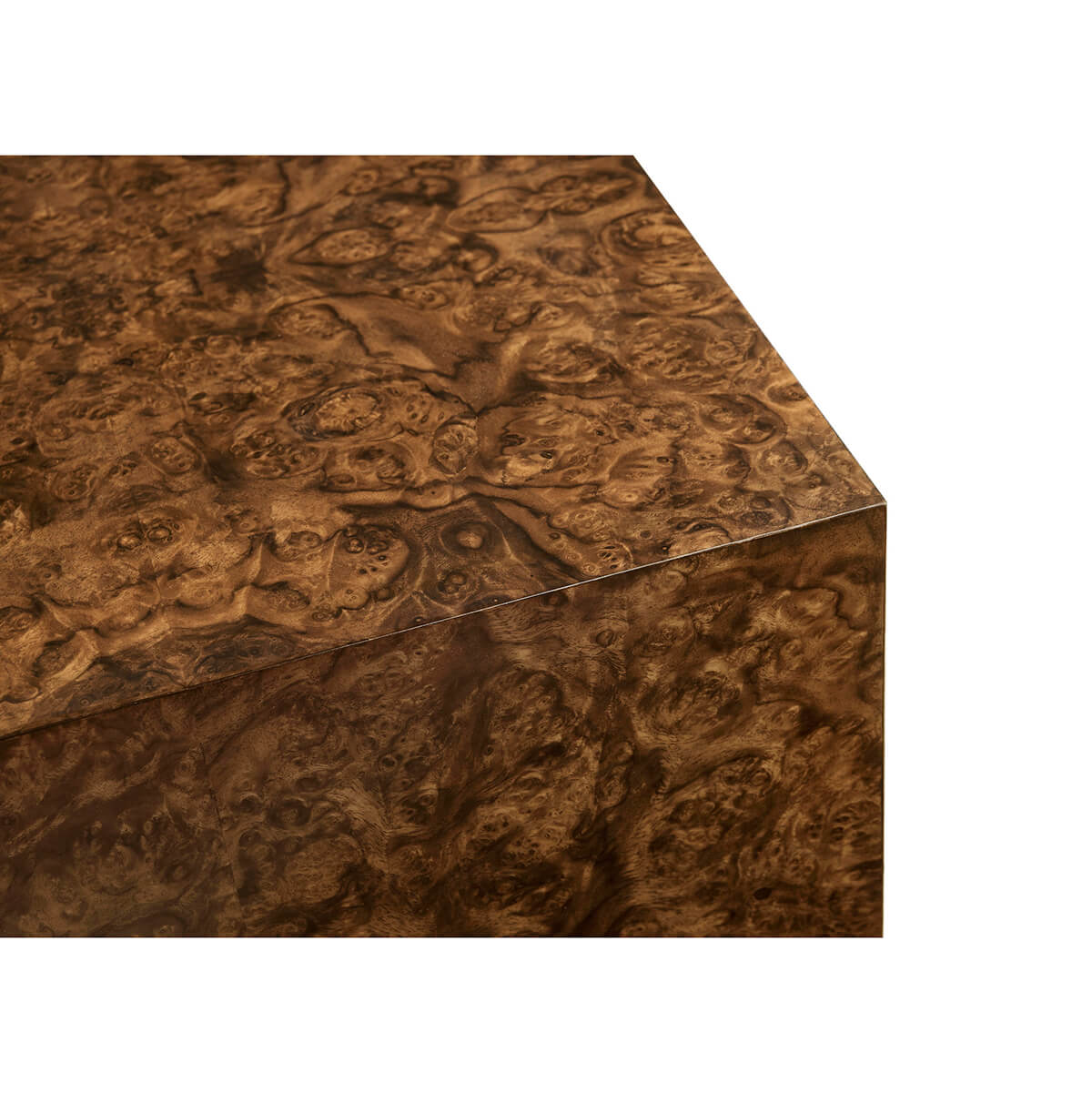 Close-up of burl wood end table corner detail.