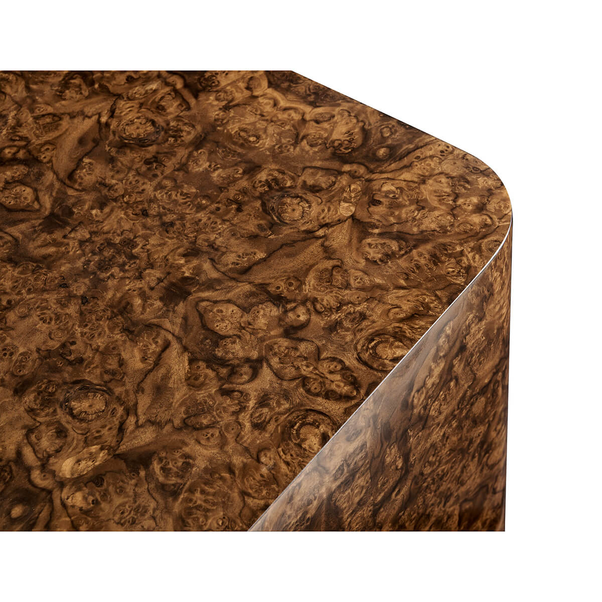 Corner of burl wood end table, rounded edge.