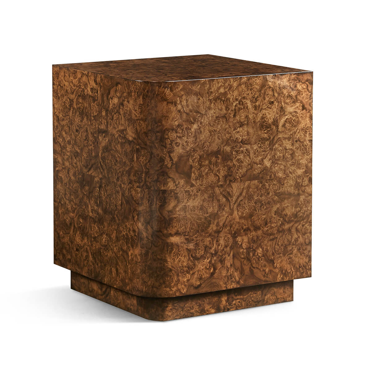 Square burl wood end table, angled front view.