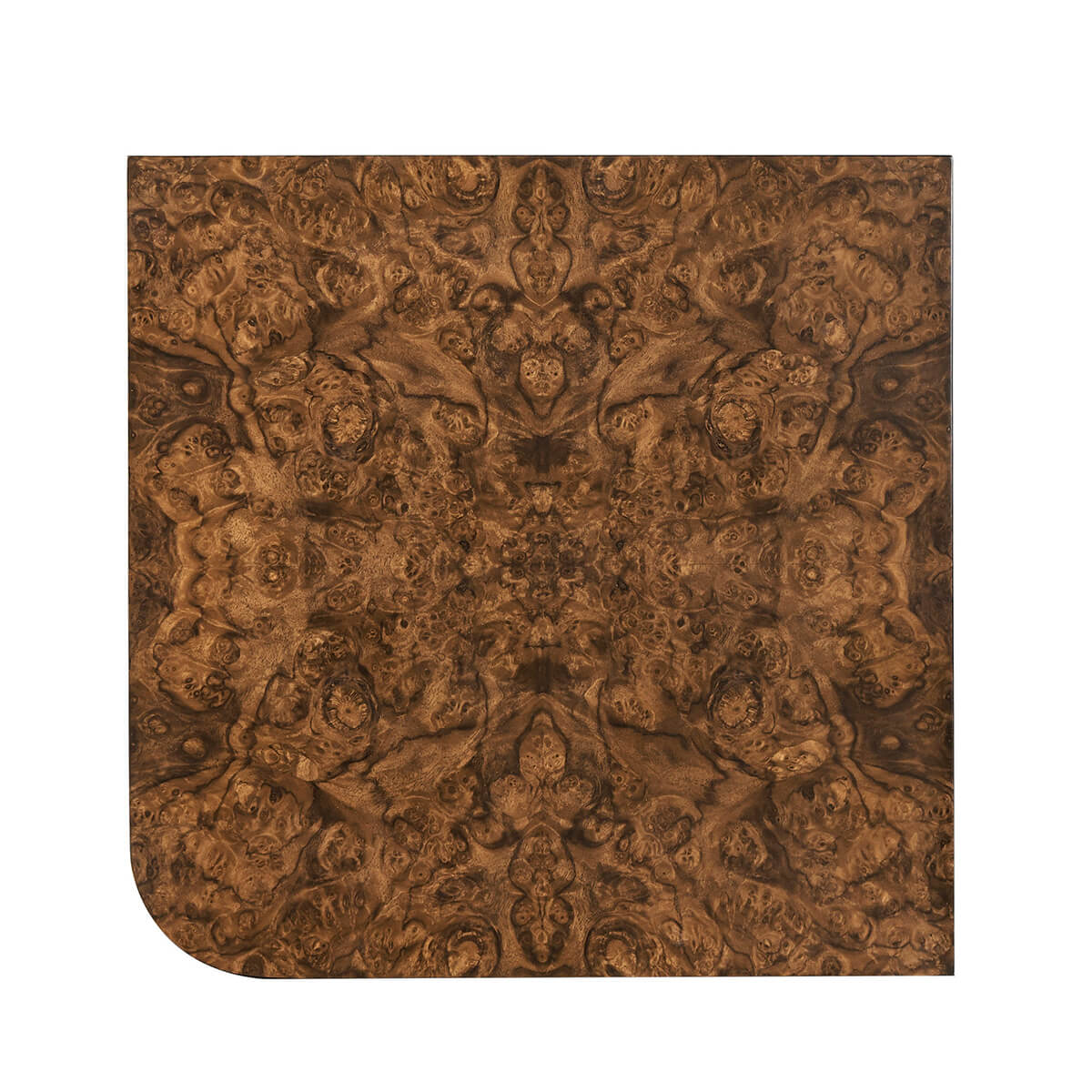 Top of burl wood end table, intricate pattern.