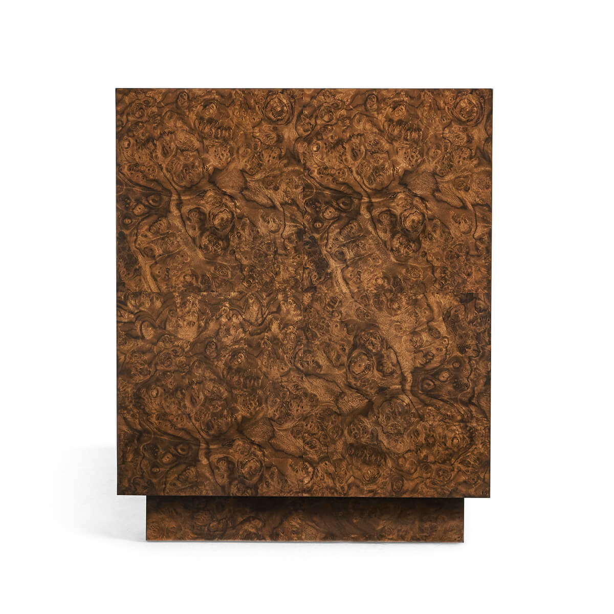 Straight side view of burl wood end table.