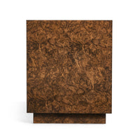 Straight side view of burl wood end table.