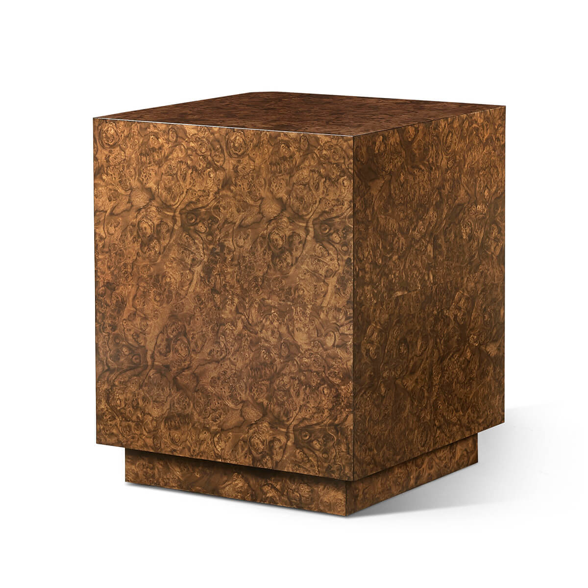 Square burl wood end table, angled side view.