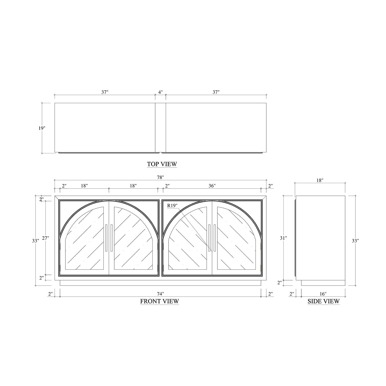 Sideboard dimensions illustration, modern industrial design.