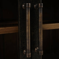Sideboard close-up on rustic handles, dark finish.