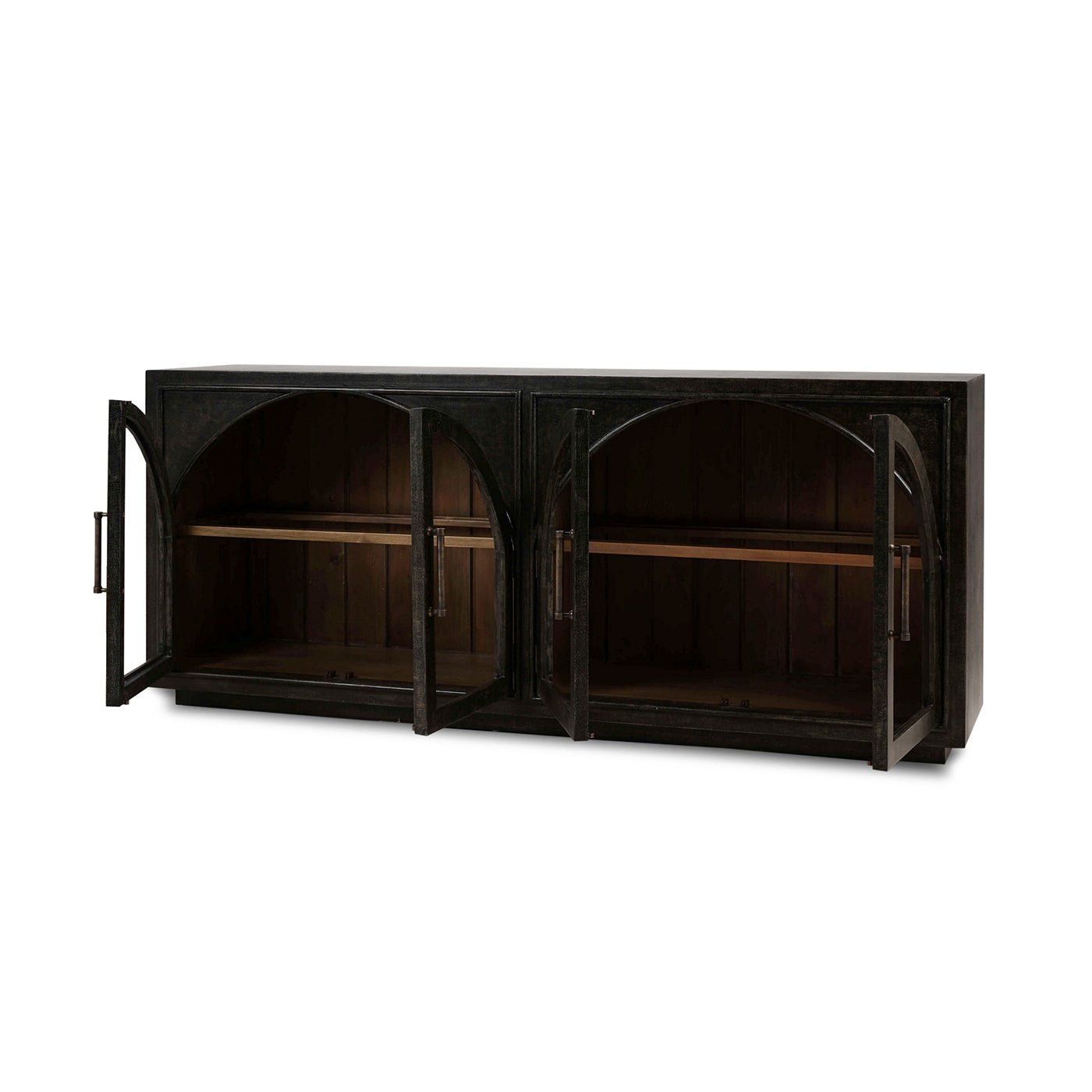 Modern sideboard with open doors, internal shelving.