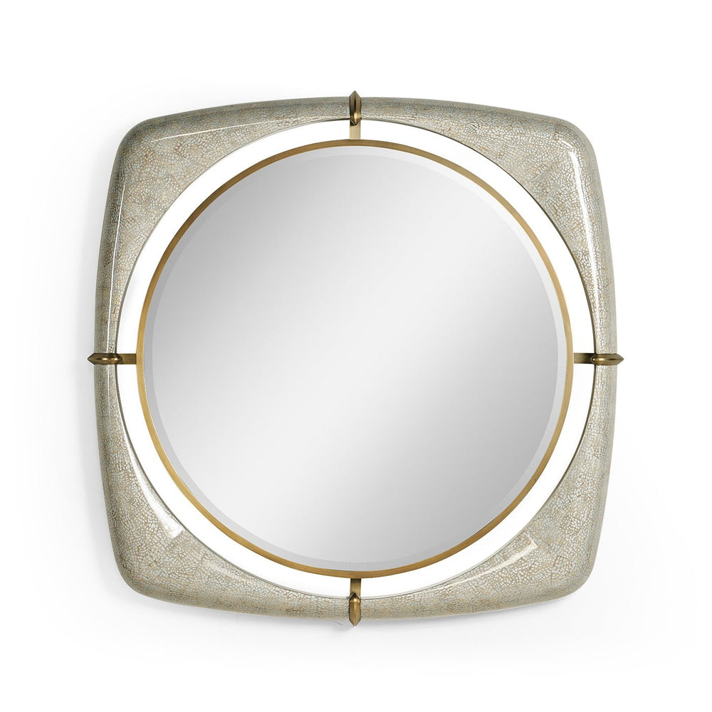 Square mirror with circular detailing and gold accents.