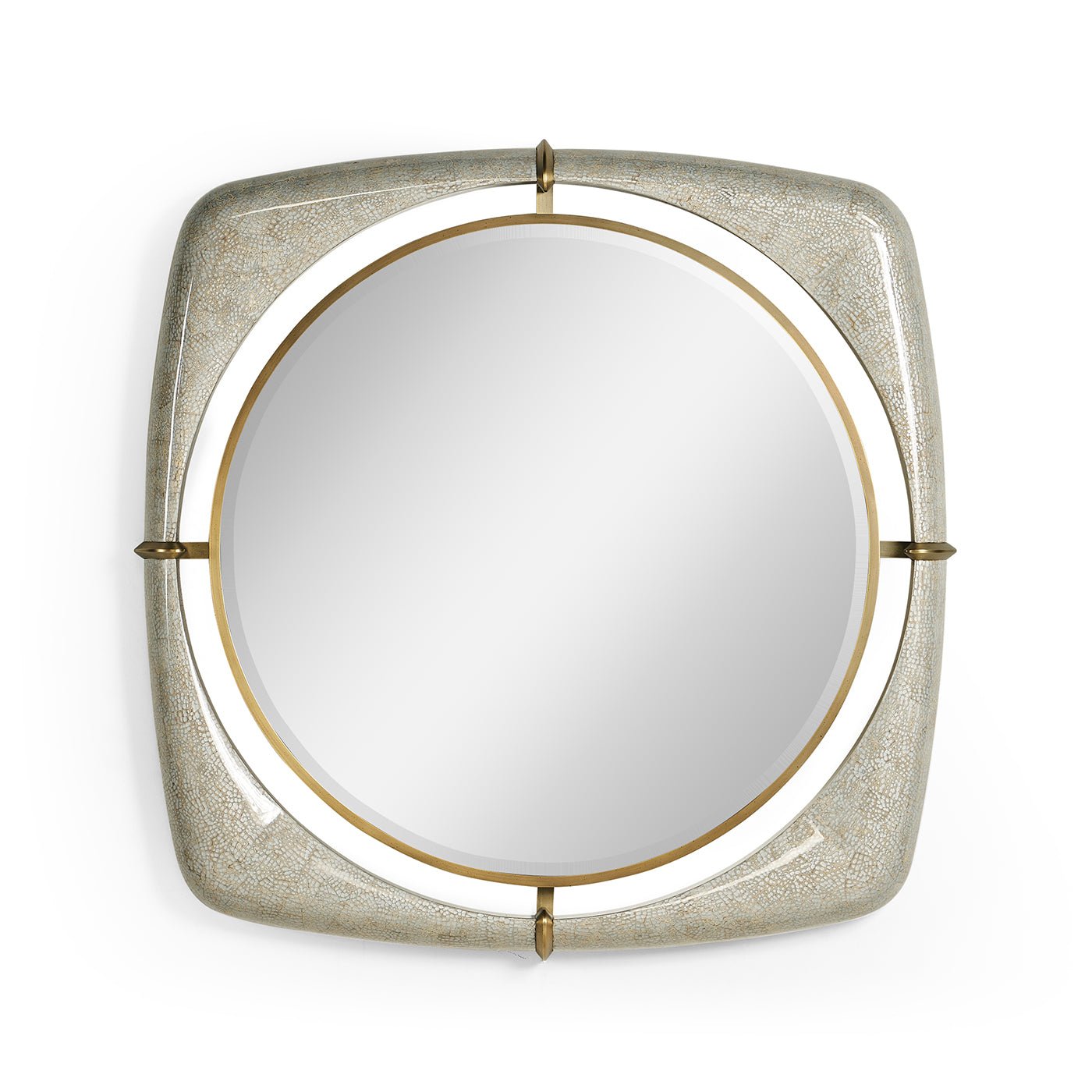 Square mirror with circular detailing and gold accents.