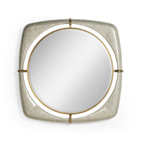 Square mirror with circular detailing and gold accents.
