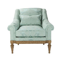 Patterned light green armchair, front view.