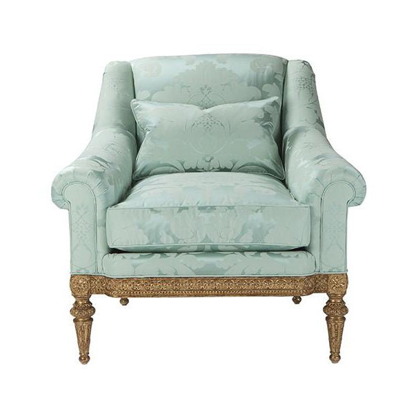 Patterned light green armchair, front view.