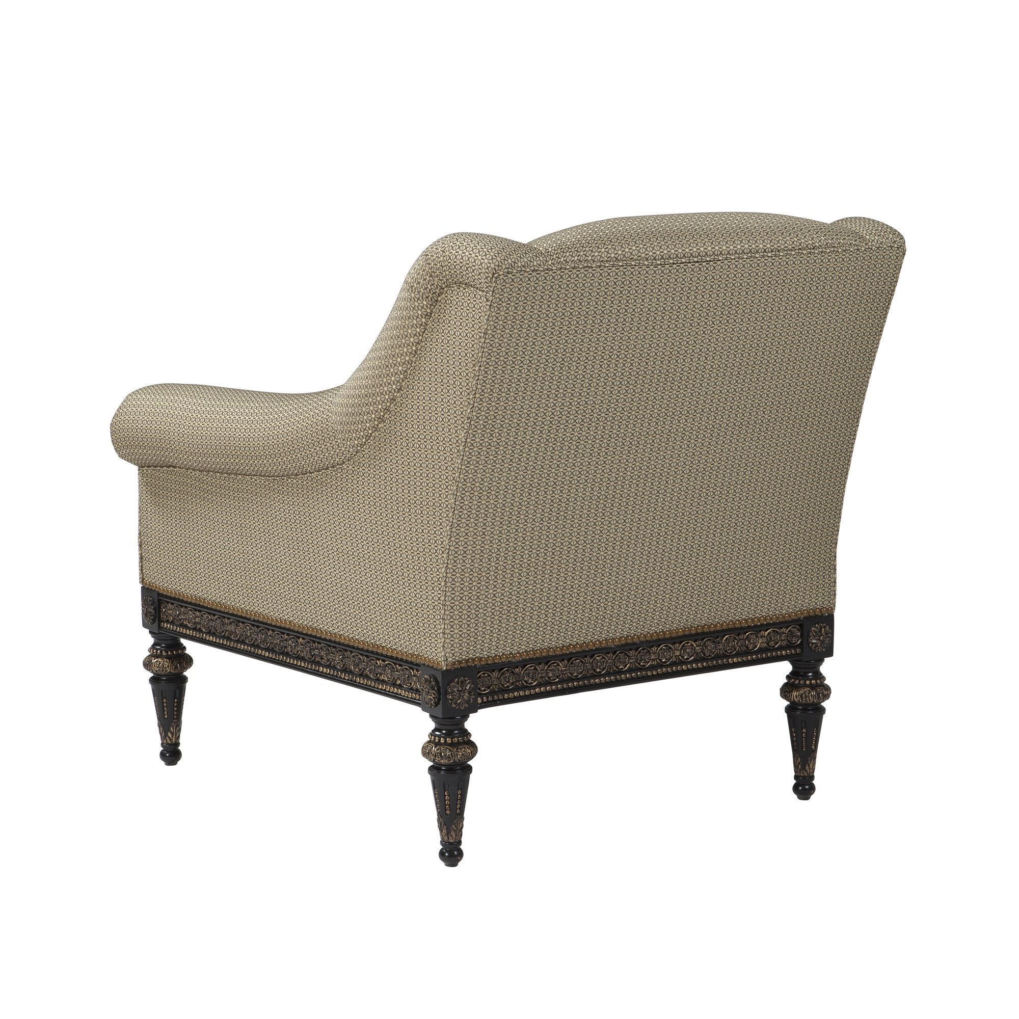 Beige fabric armchair, back view.