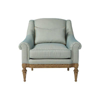 Light blue fabric armchair, front view.