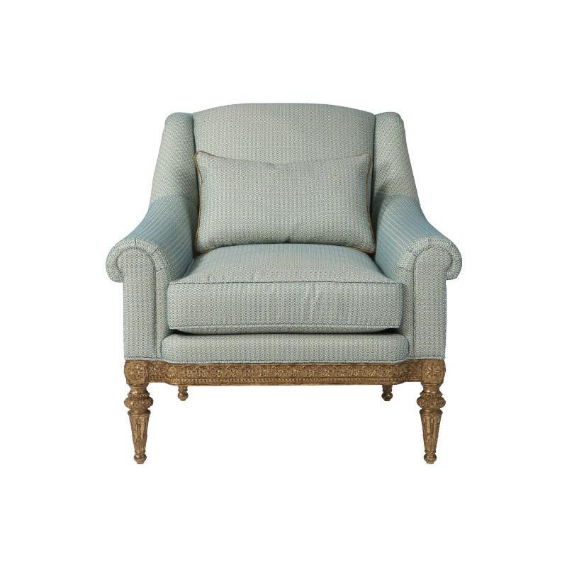 Light blue fabric armchair, front view.