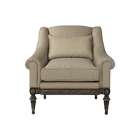 Beige fabric armchair, front view.