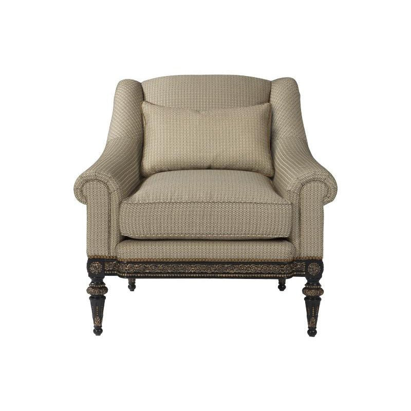Beige fabric armchair, front view.