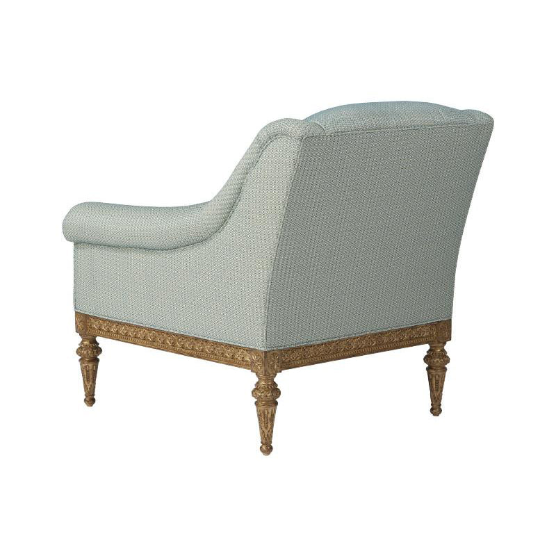 Light blue fabric armchair, back view.