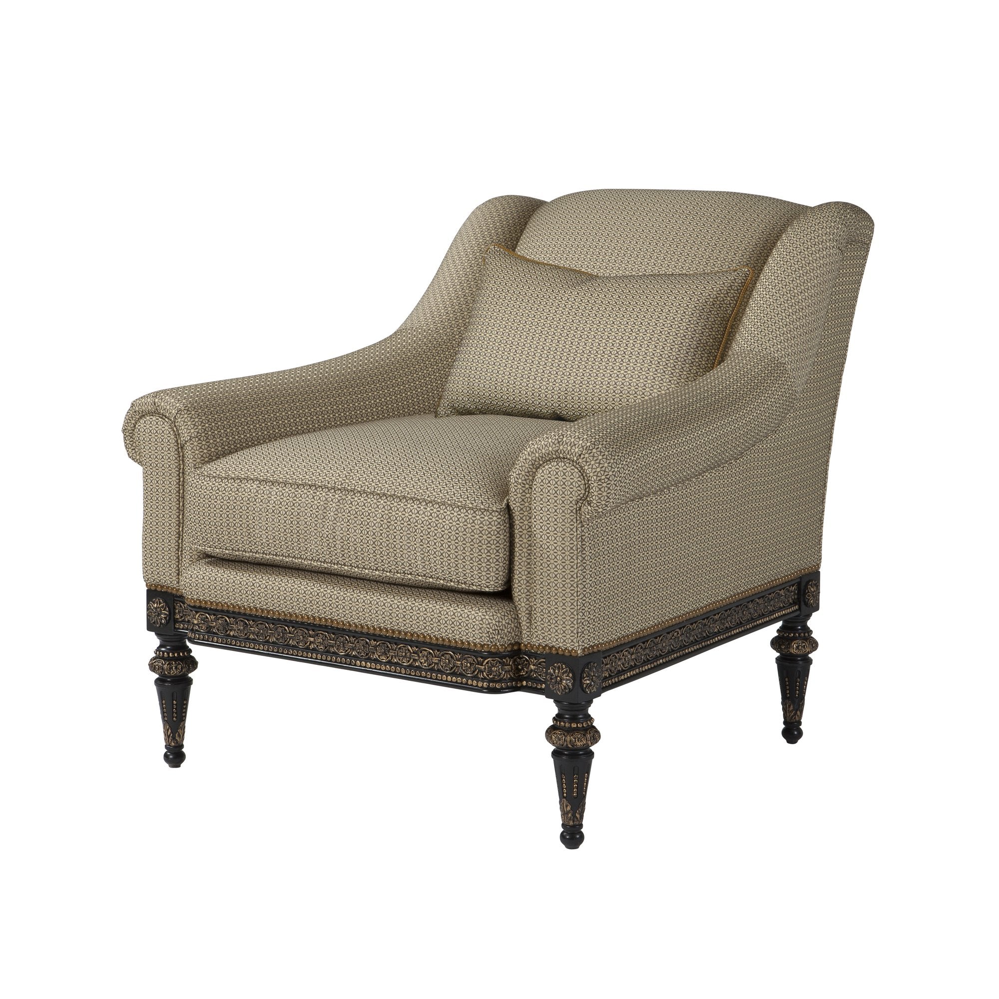 Beige fabric armchair, front angled view.