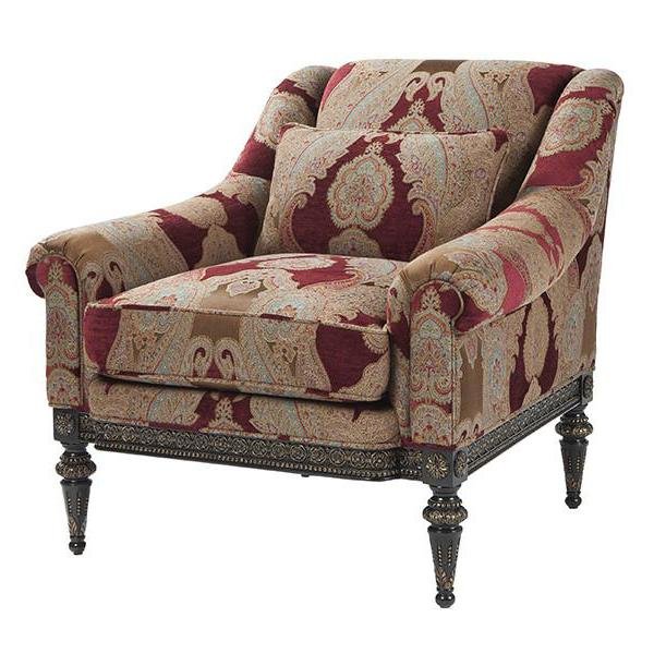 Red floral patterned armchair, front angled view.