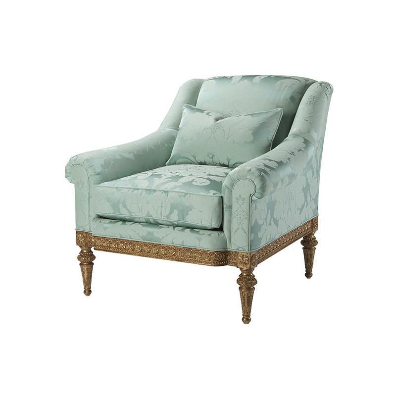Patterned light green armchair, front angled view.