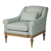 Light blue fabric armchair, front angled view.
