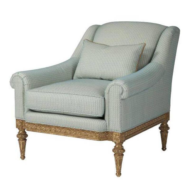 Light blue fabric armchair, front angled view.