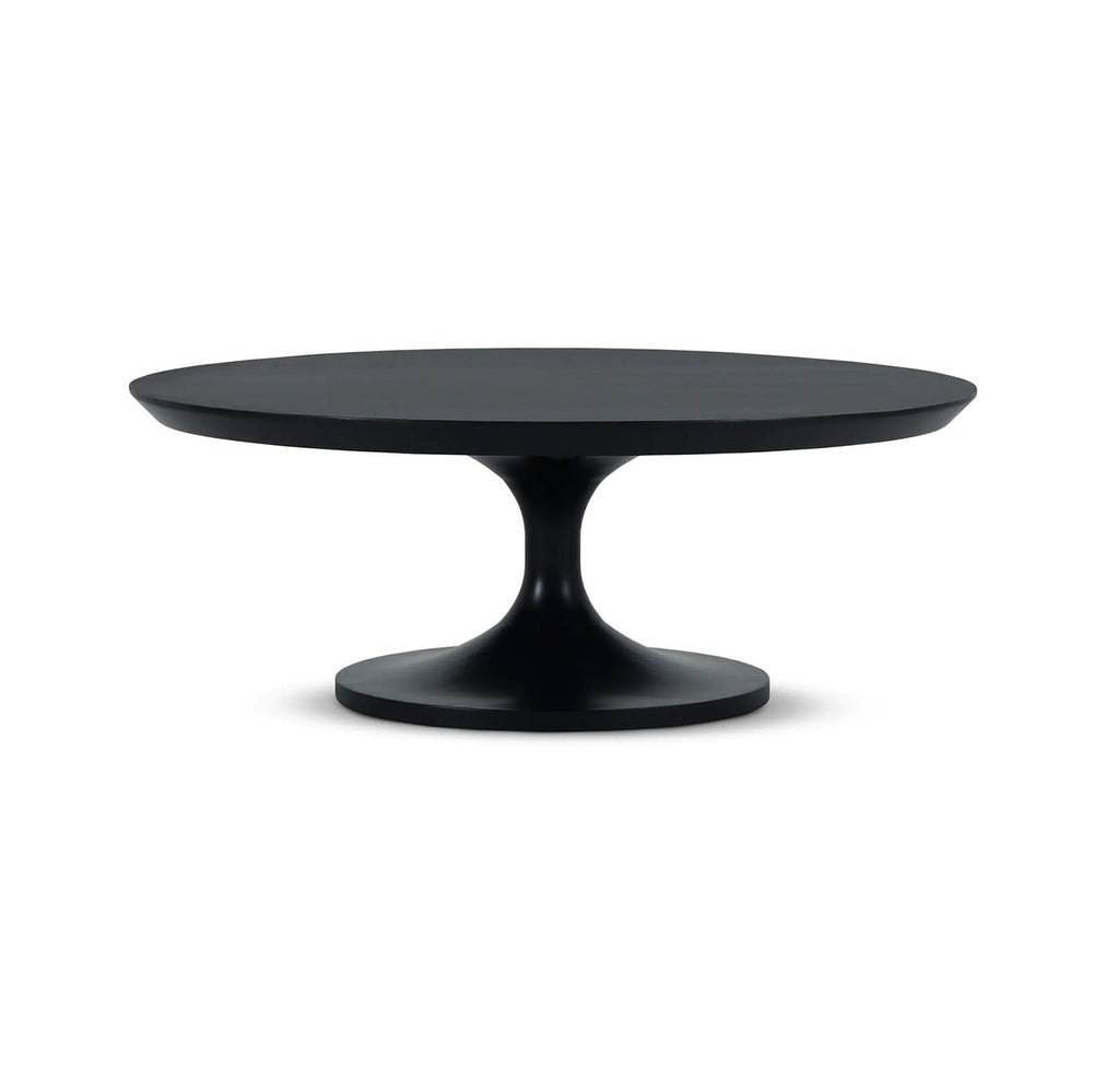 Black modern tulip coffee table on white background.