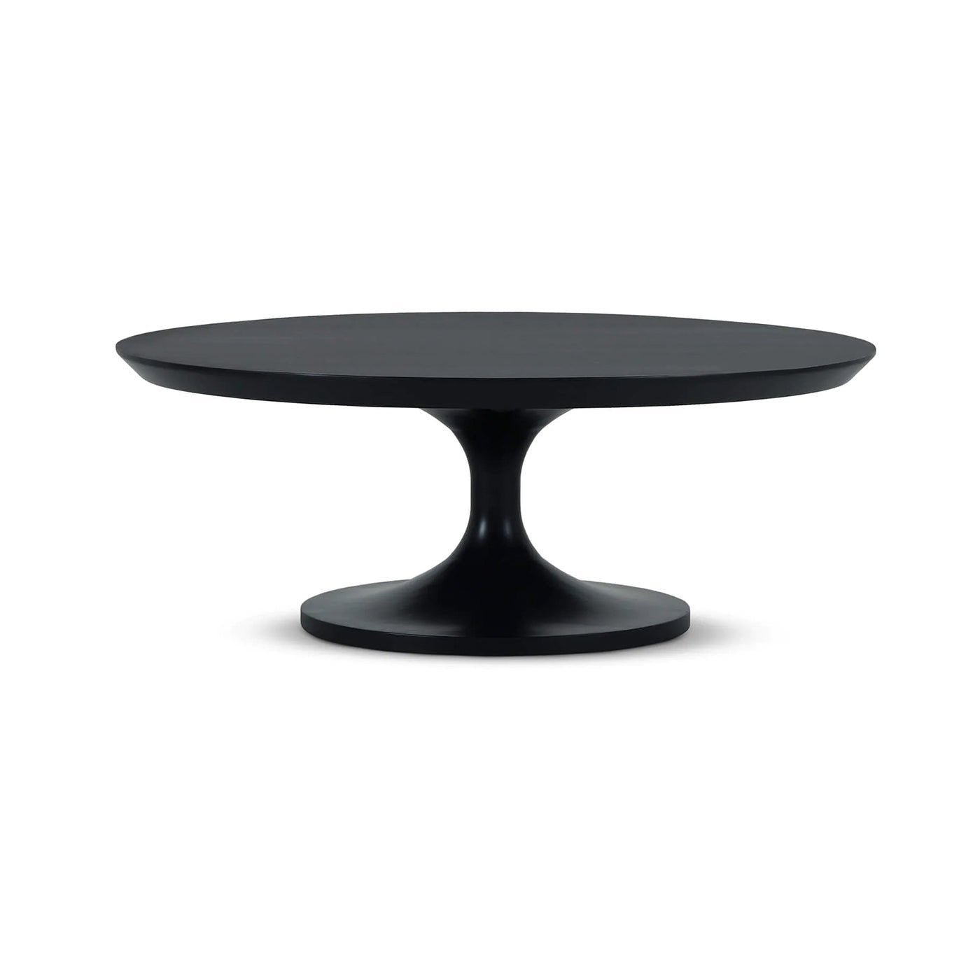 Black modern tulip coffee table on white background.