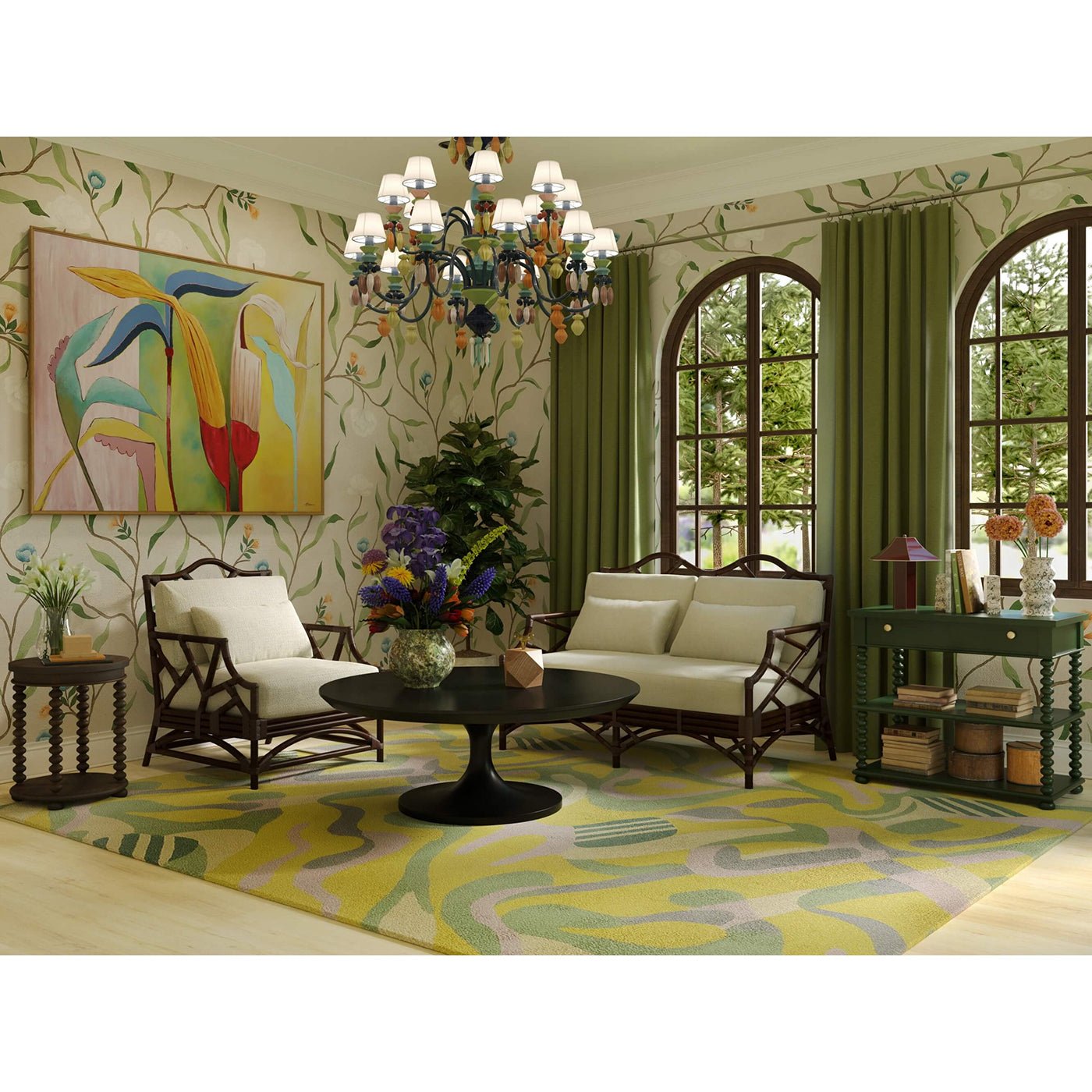 Stylish room featuring black tulip coffee table and decor.