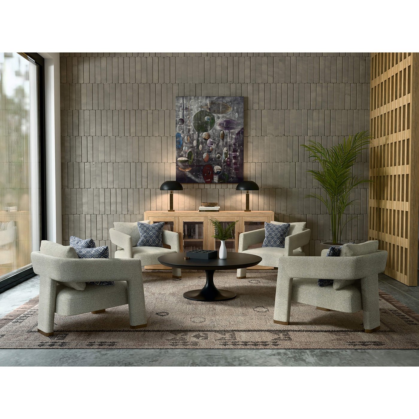 Living room with tulip coffee table and chairs.