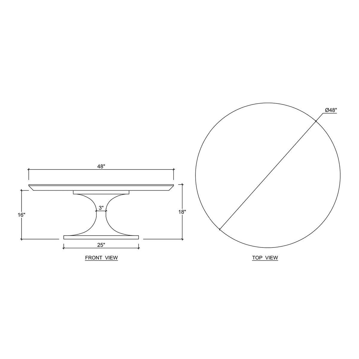 Dimensions diagram for tulip coffee table, front and top views.