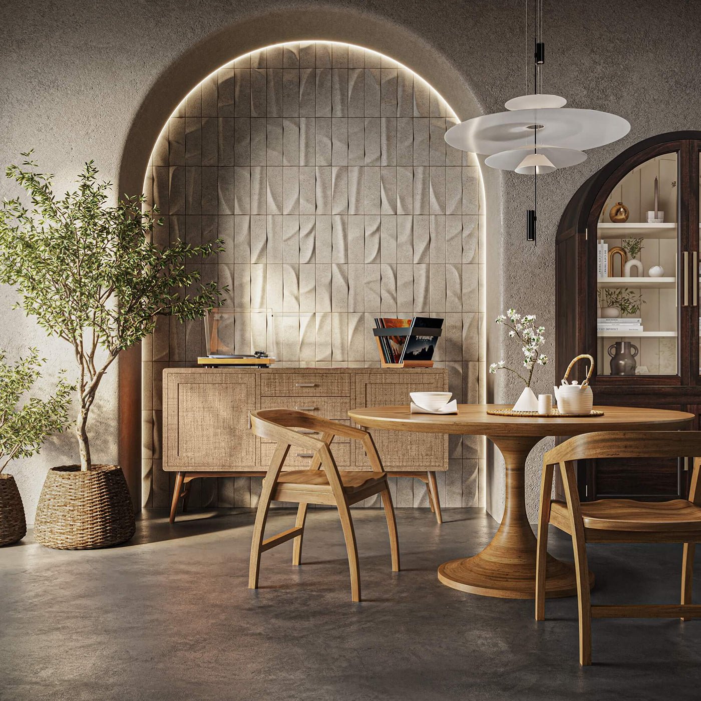 Dining room with tulip table and wooden chairs.