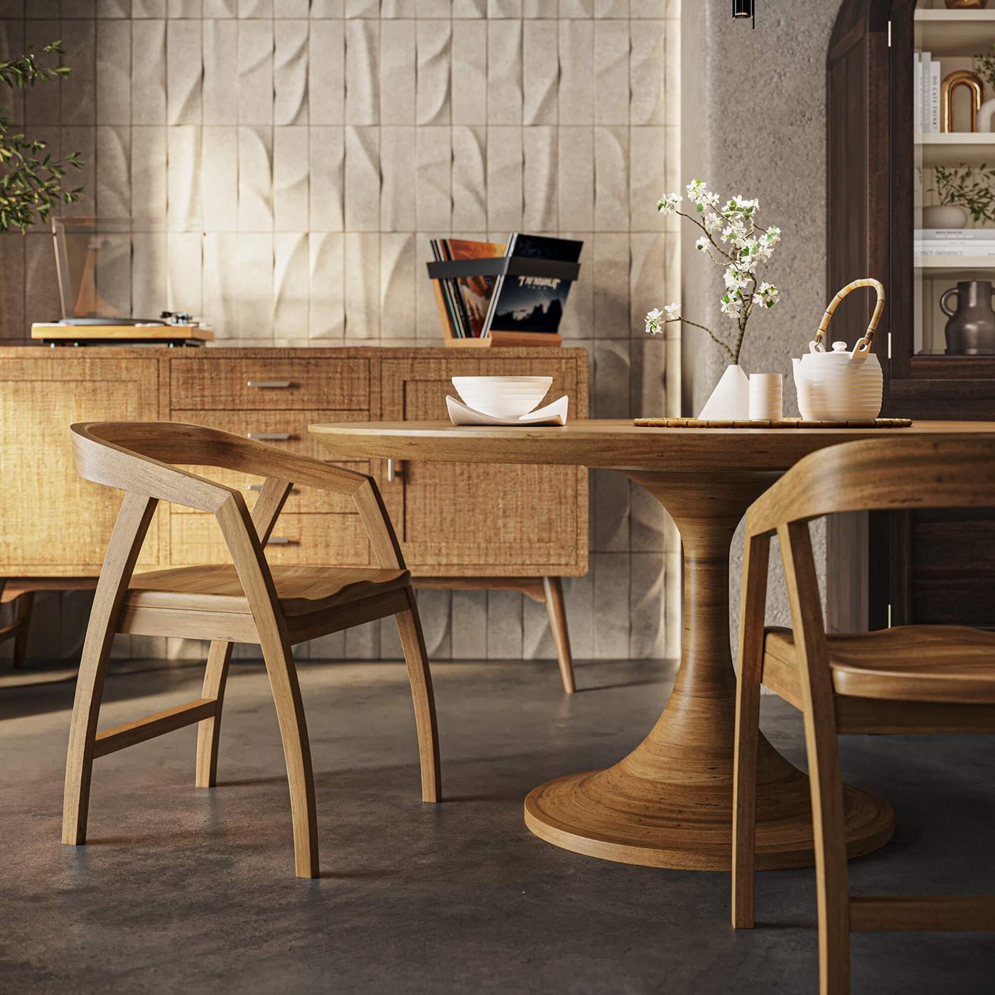 Close-up of wooden table with chairs and decor.