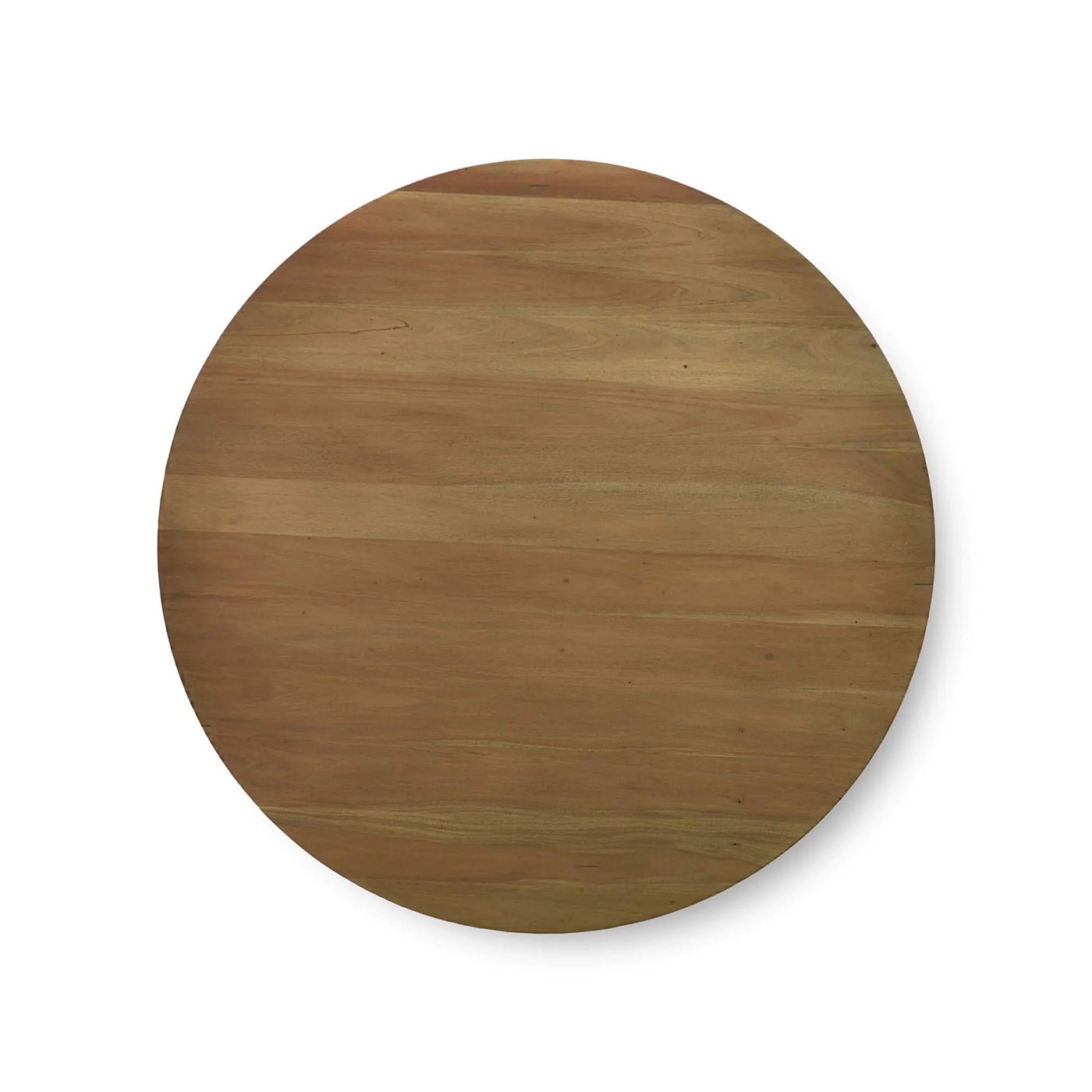 Top view of round wooden dining table surface.