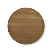 Top view of round wooden dining table surface.