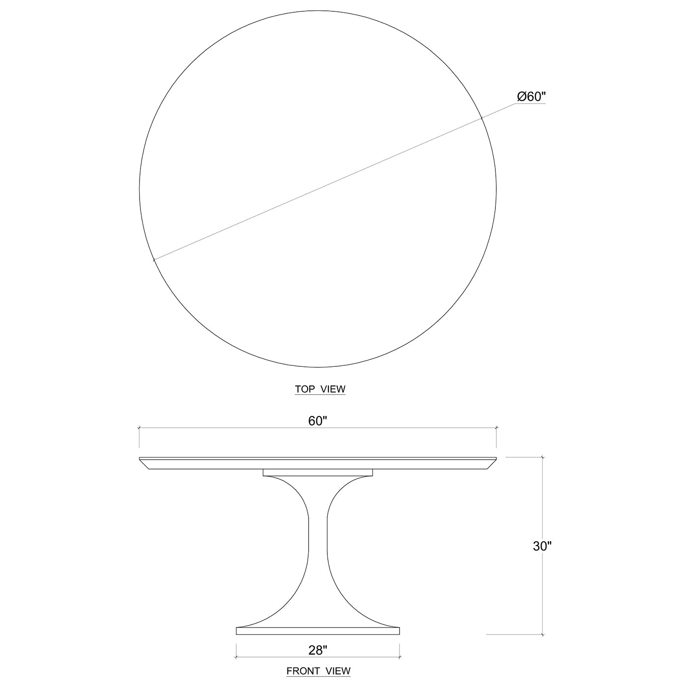 Diagram of tulip dining table dimensions.