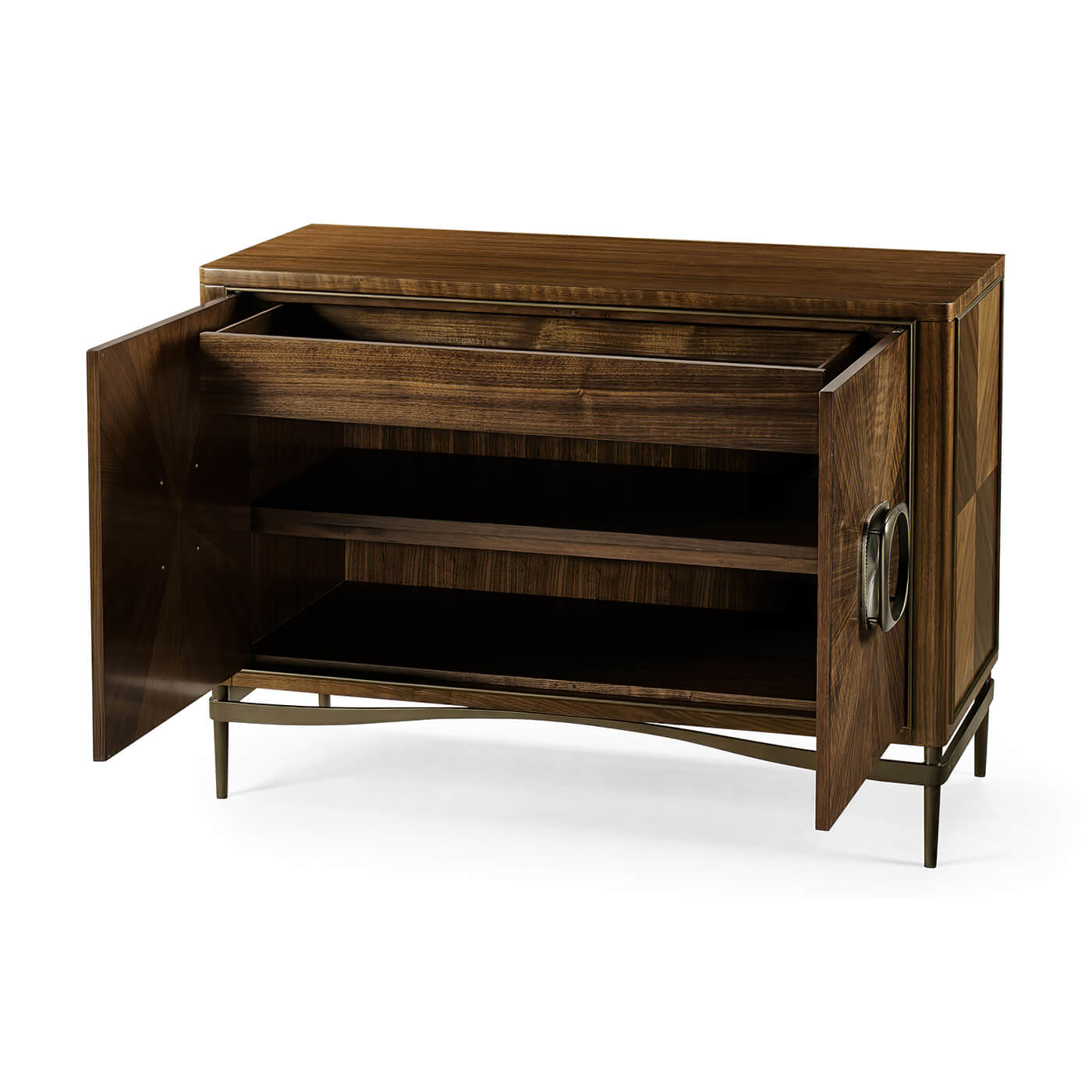 Walnut cabinet open with visible interior shelves and drawer.