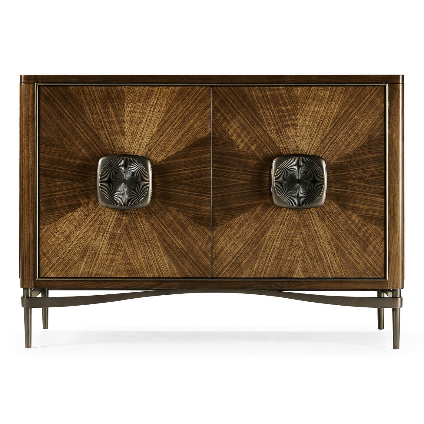 Front view of walnut cabinet with sunburst pattern.