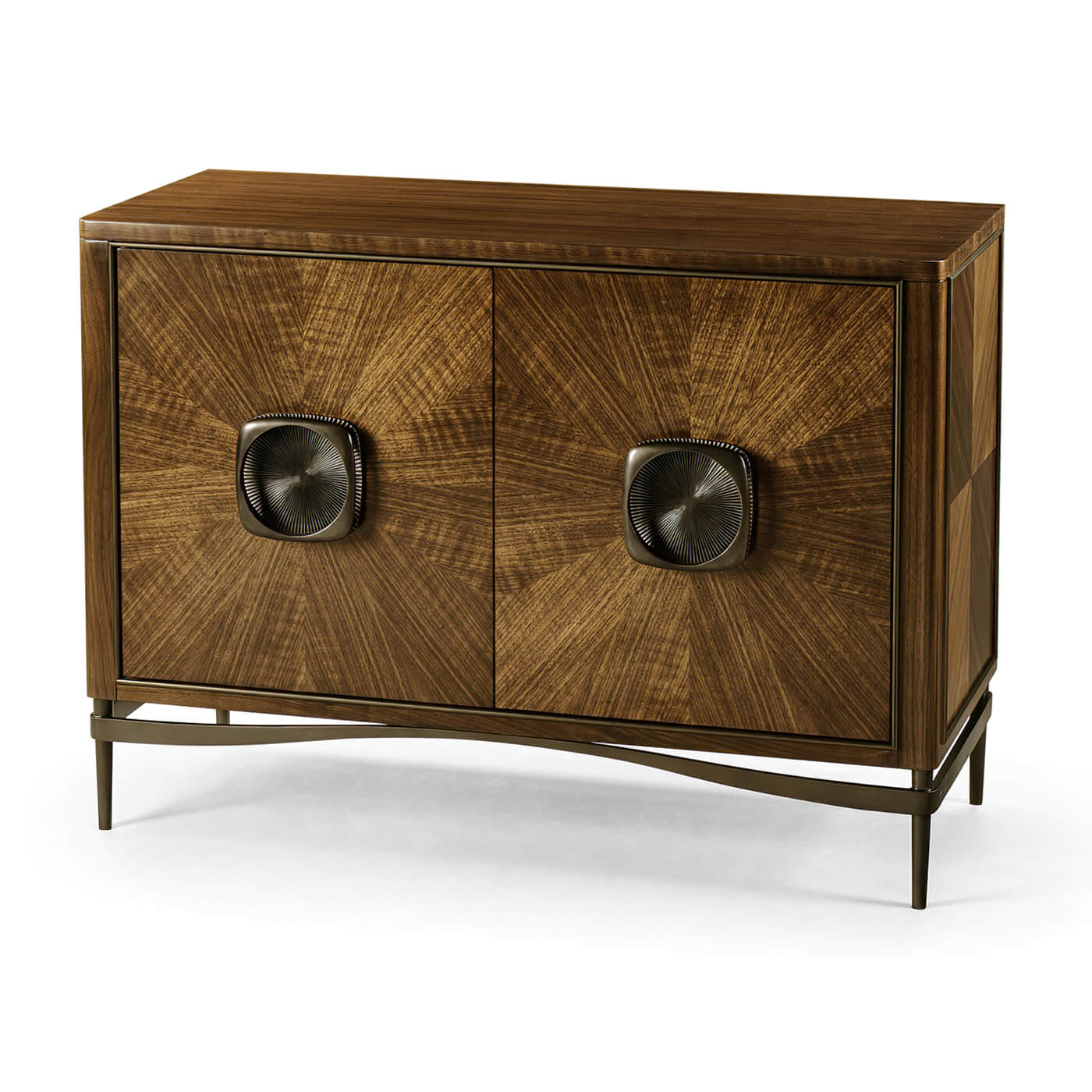 Modern walnut cabinet, angled view with closed doors.
