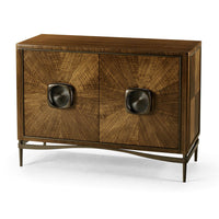 Modern walnut cabinet, angled view with closed doors.