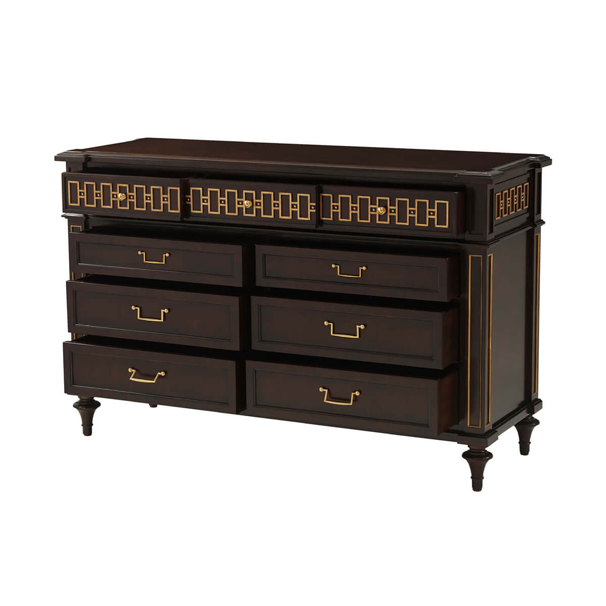 Side angle of dresser with open drawers and gold detailing.