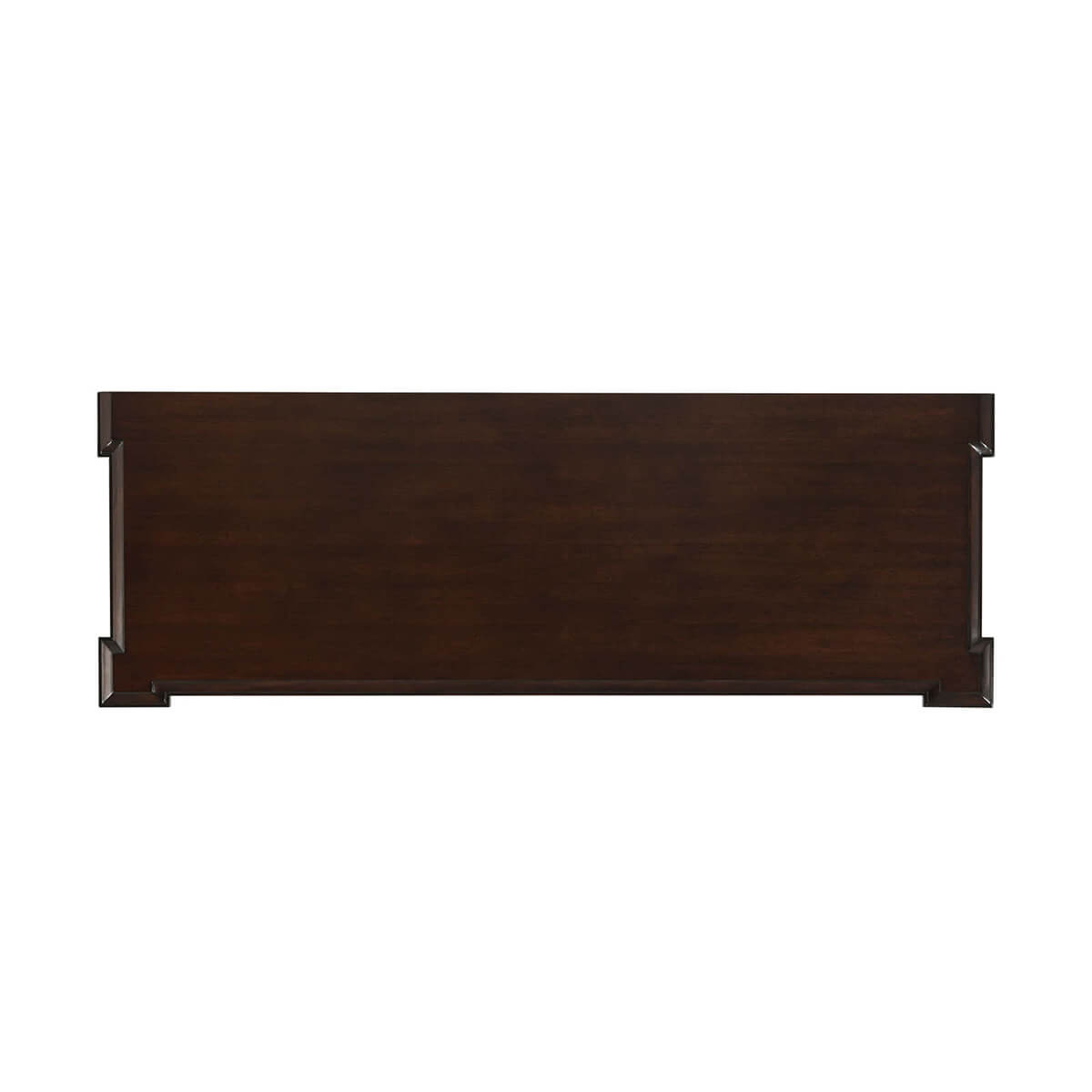 Top-down view of dark wood dresser surface.