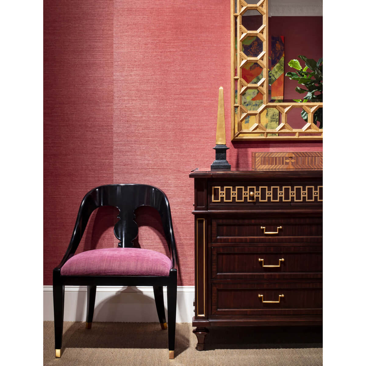 Dresser beside chair in elegant interior space.