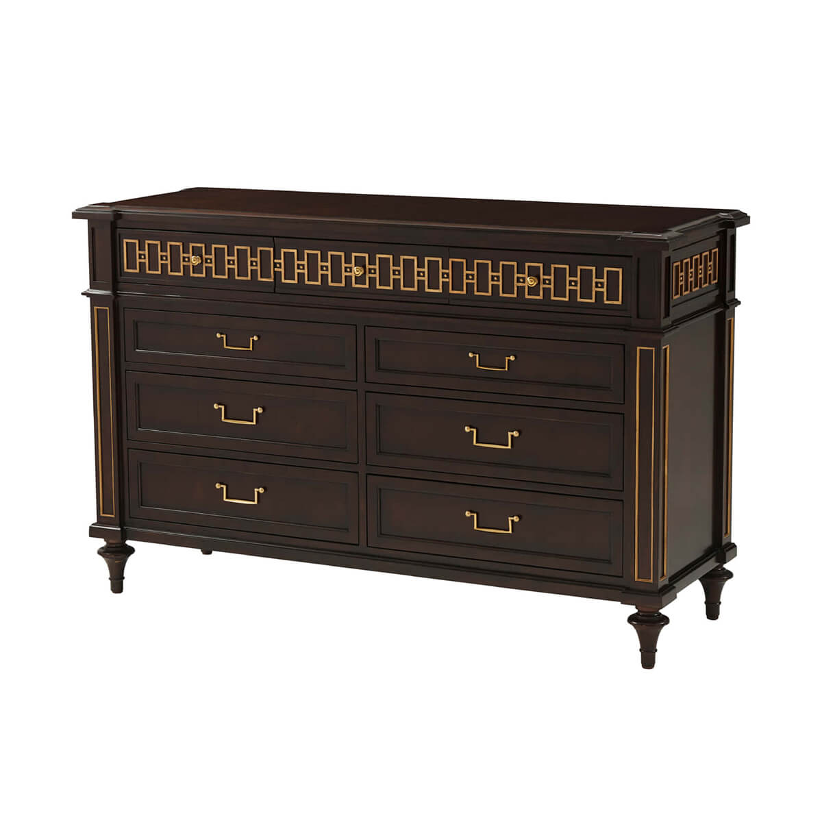 Dark wood dresser with gold accents, angled view.