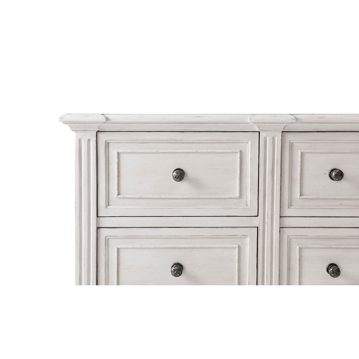 Close-up drawer detail of French painted antique style dresser.
