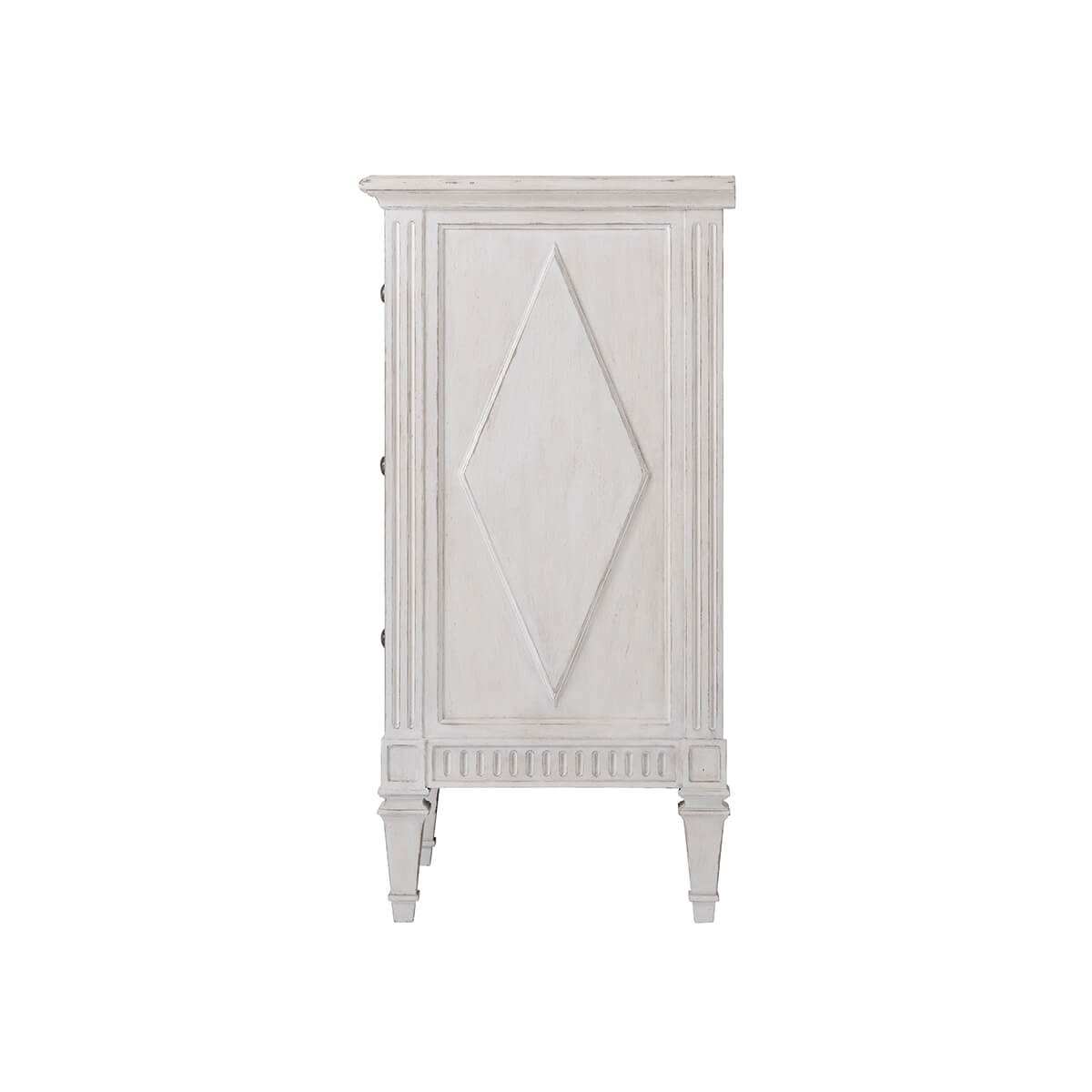 Side view of French painted antique style dresser.